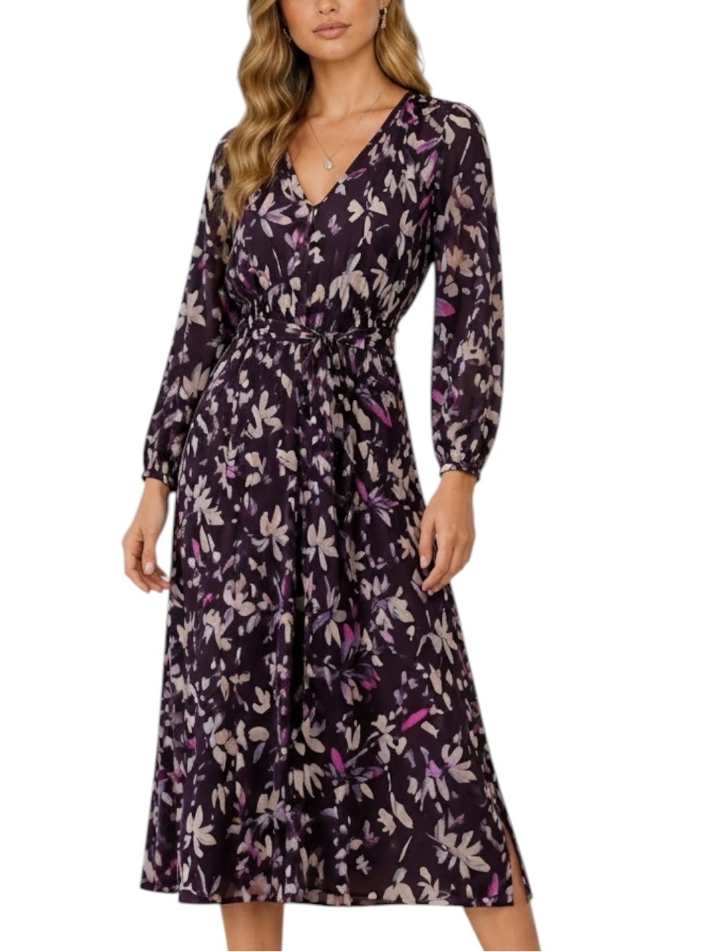 NWT BELLA DAHL Floral V-Neck Long Sleeve Smock Tie Waist Maxi Dress Size Small